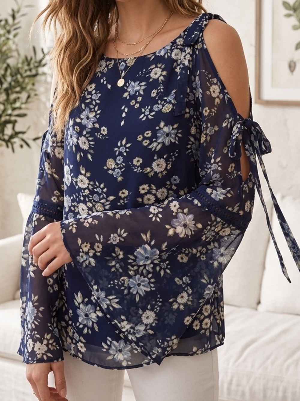 🔥$10 FINAL PRICE🔥 Maison Jules Blue Floral Cold Shoulder Blouse Chiffon❤️